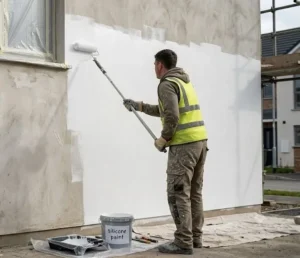 Professional painter applying white silicone paint to a modern residential exterior wall using a long-handled roller. - silicone paint - 1