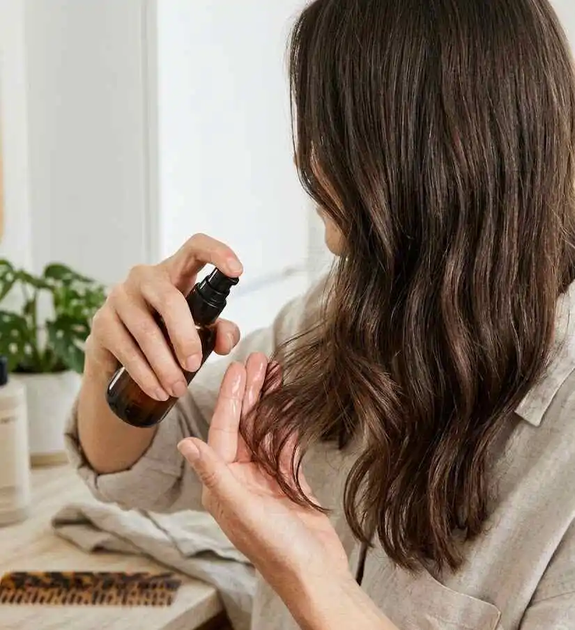 An adult woman with long hair applying a clear serum from an unbranded pump bottle to her hair mid-lengths. - Silicone Hair Products - 2